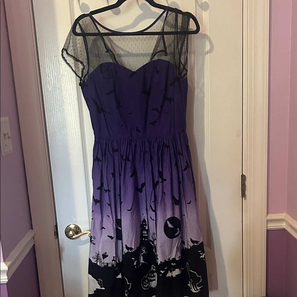 Hell Bunny Purple Halloween Dress with Black Mesh Overlay